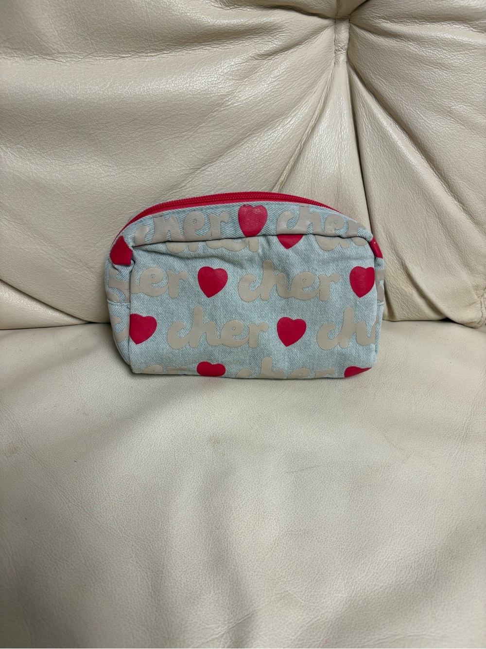 CHER JAPAN Blue Denim ZIpper Small Pouch Heart Red Interior